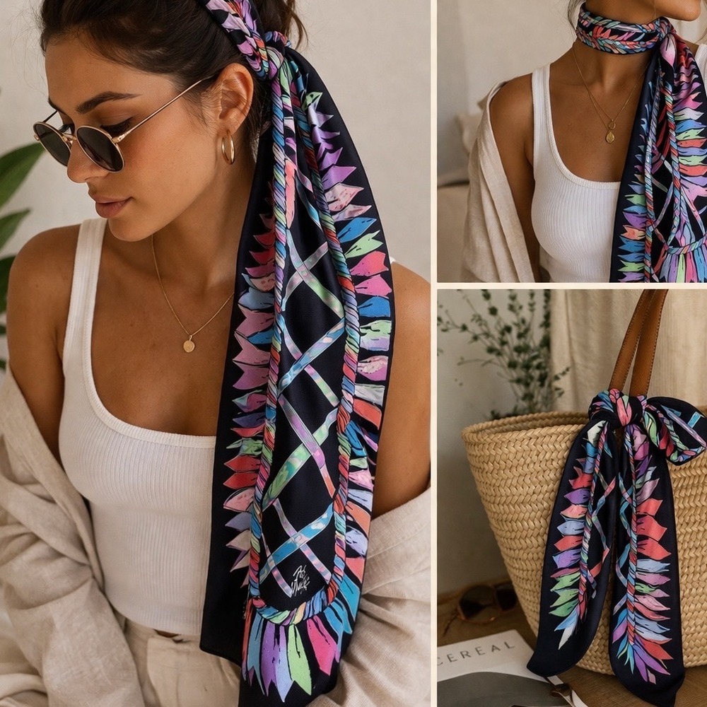 Bob Mackie Wearable Art Silk Scarf Shawl Abstract Ribbon Print 13"x64" - Picture 3 of 13